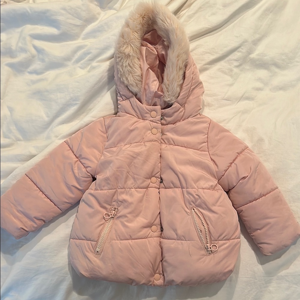 Pink Puffer Jacket with Faux Fur Hood